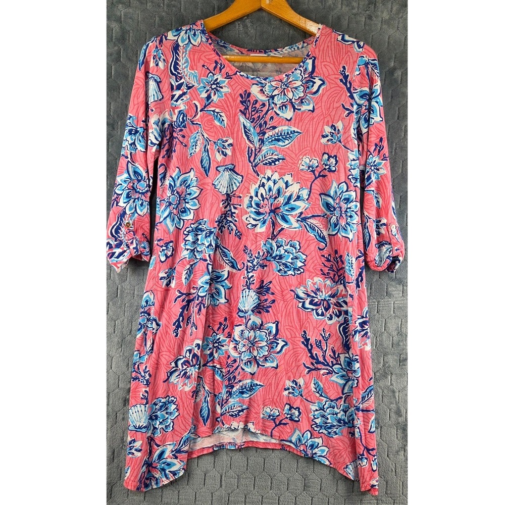 Caribbean Joe Women Large Pink Blue Floral 3/4 Sleeve Shift Dress Tunic Tropical